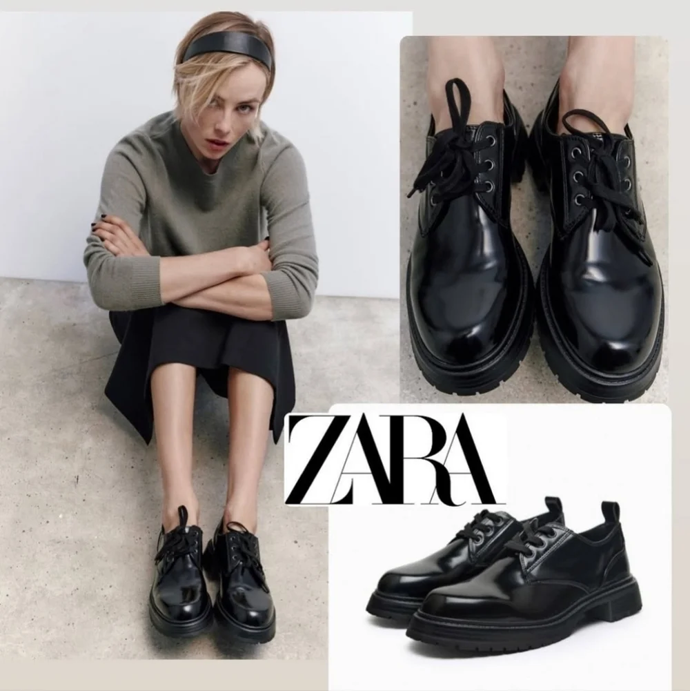 New Zara Laced Oxfords Patent Leather Black Shoes Size 7.5 US / 8 EU